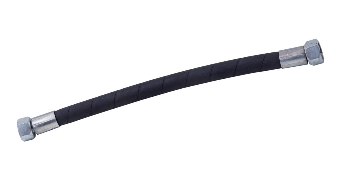 A high-pressure hydraulic hose, with rubber reinforcement and hose fittings on each end, against a plain white background.