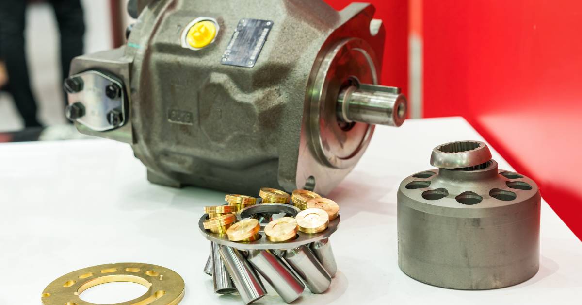 The image of the inside parts of a piston and slipper of a hydraulic pump for industrial use sitting on a table.