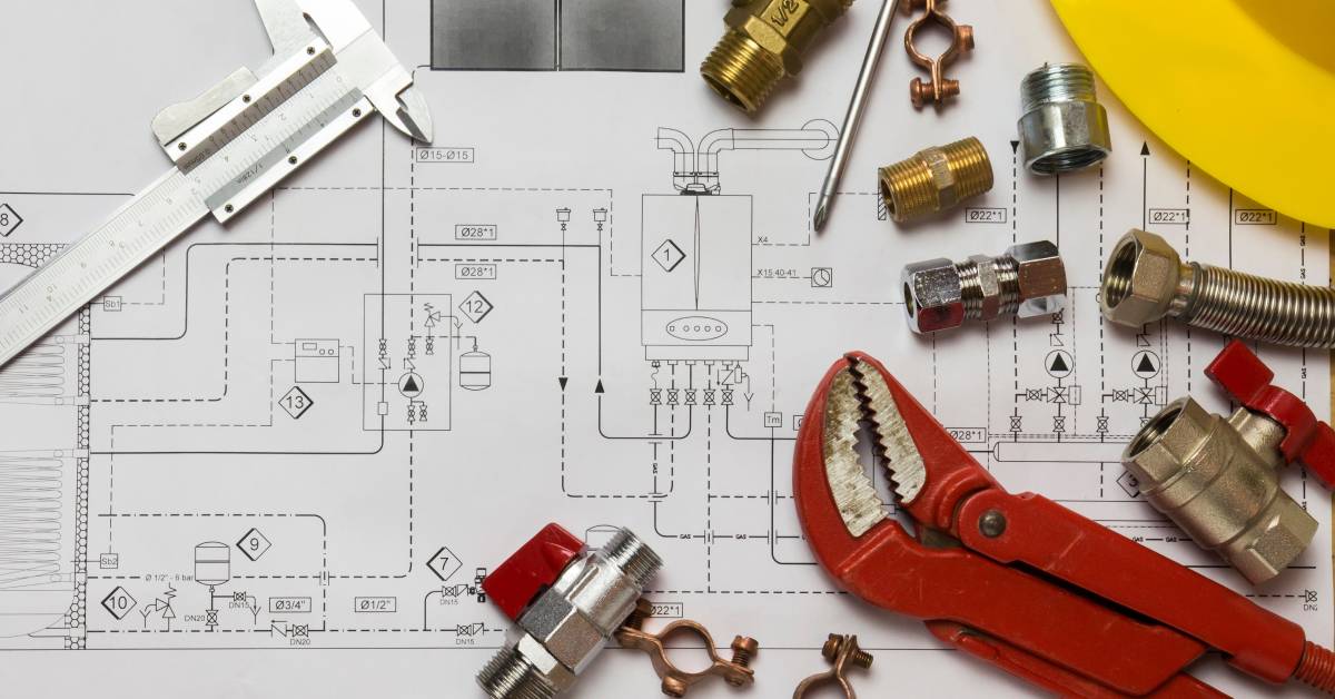 Various hydraulic fittings and industrial tools sit on top of a black-and-white project design sketch.