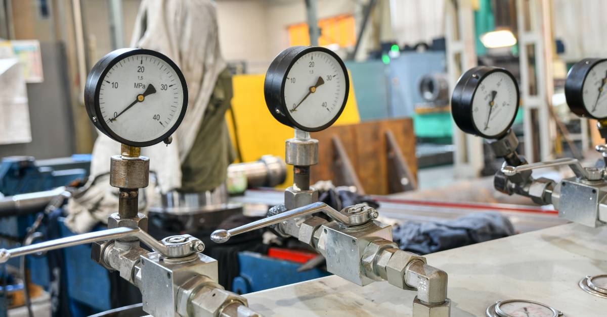 An industrial hydraulic supply system comprising of several pressure gauges and changeover valves inside a facility.