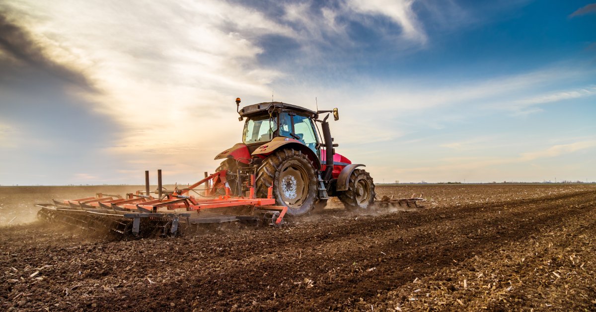 A red tractor is cultivating a field during a sunny, blue-sky day. The field is plowed and empty of crops.